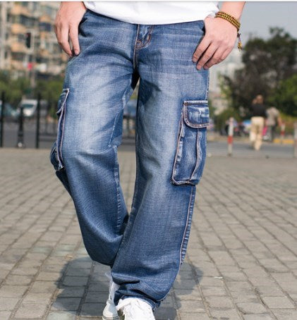 Mens Multi Pocket Wide Leg Loose Cargo Jeans