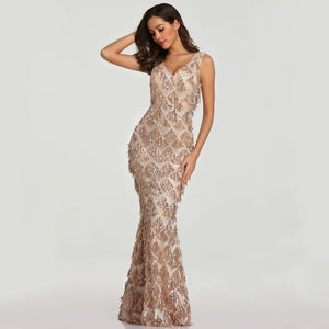 V-neck Tassel Sequin Sleeveless Evening Dress