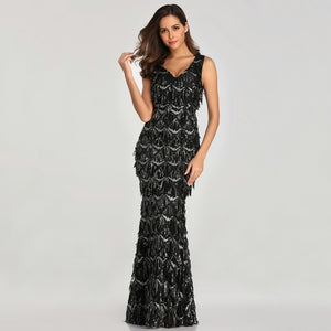 V-neck Tassel Sequin Sleeveless Evening Dress