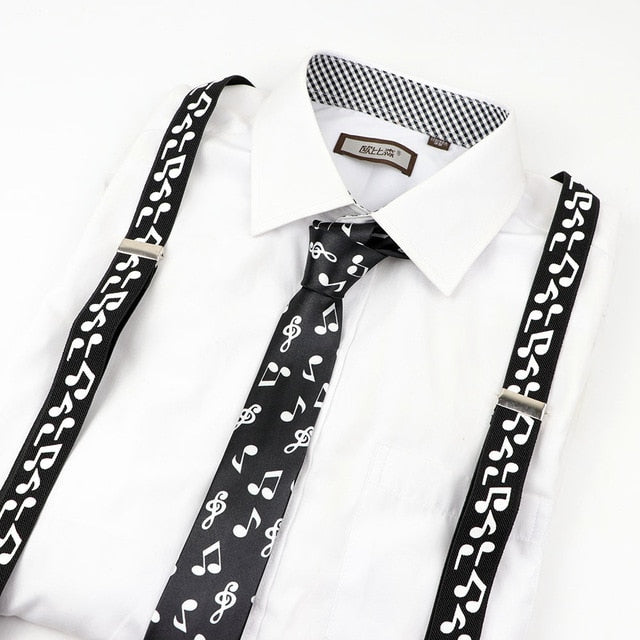 Mens Music Piano Printed Suspenders Tie Bowtie Set