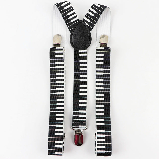 Mens Music Piano Printed Suspenders Tie Bowtie Set