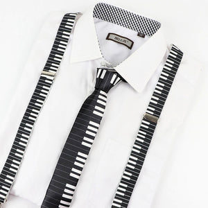 Mens Music Piano Printed Suspenders Tie Bowtie Set