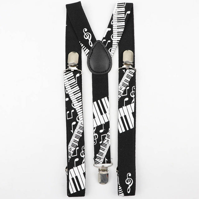 Mens Music Piano Printed Suspenders Tie Bowtie Set