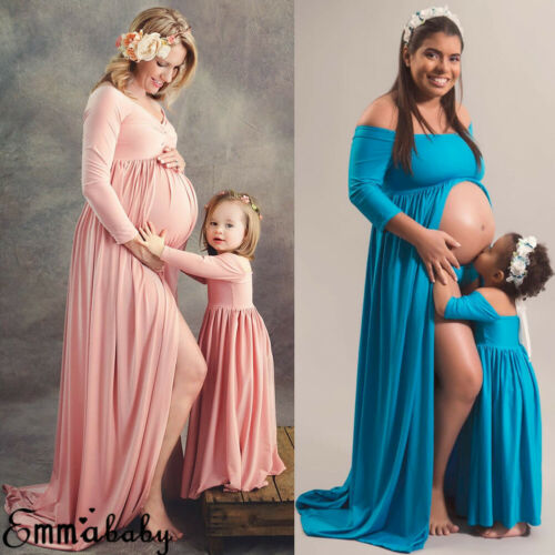 Maternity-child Matching Dress  V-neck Off-shoulder Women Maxi Dress Gown Mother Daughter