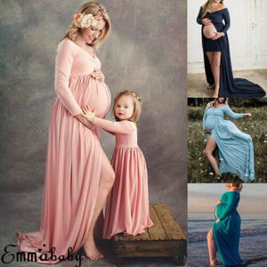 Maternity-child Matching Dress  V-neck Off-shoulder Women Maxi Dress Gown Mother Daughter