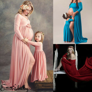 Maternity-child Matching Dress  V-neck Off-shoulder Women Maxi Dress Gown Mother Daughter