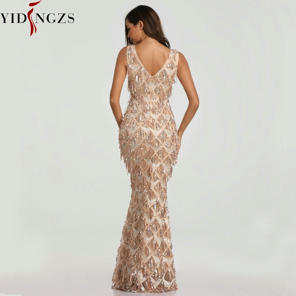 V-neck Tassel Sequin Sleeveless Evening Dress