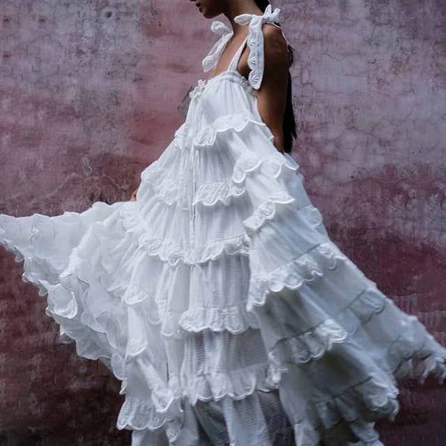 Elegant Patchwork Ruffles White Dress