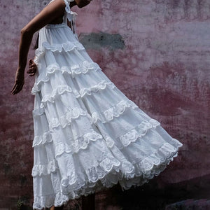 Elegant Patchwork Ruffles White Dress