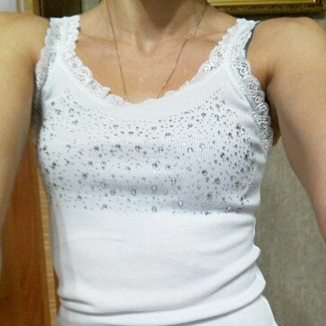 Girl Women's Rhinestone Sequin Lace Tank Top