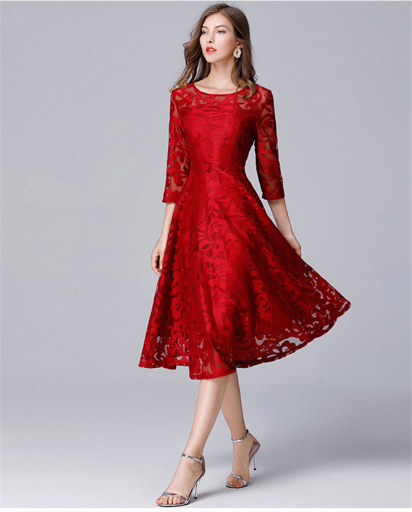 Plus Size Dress High Quality Women Fashion Red Lace Dress